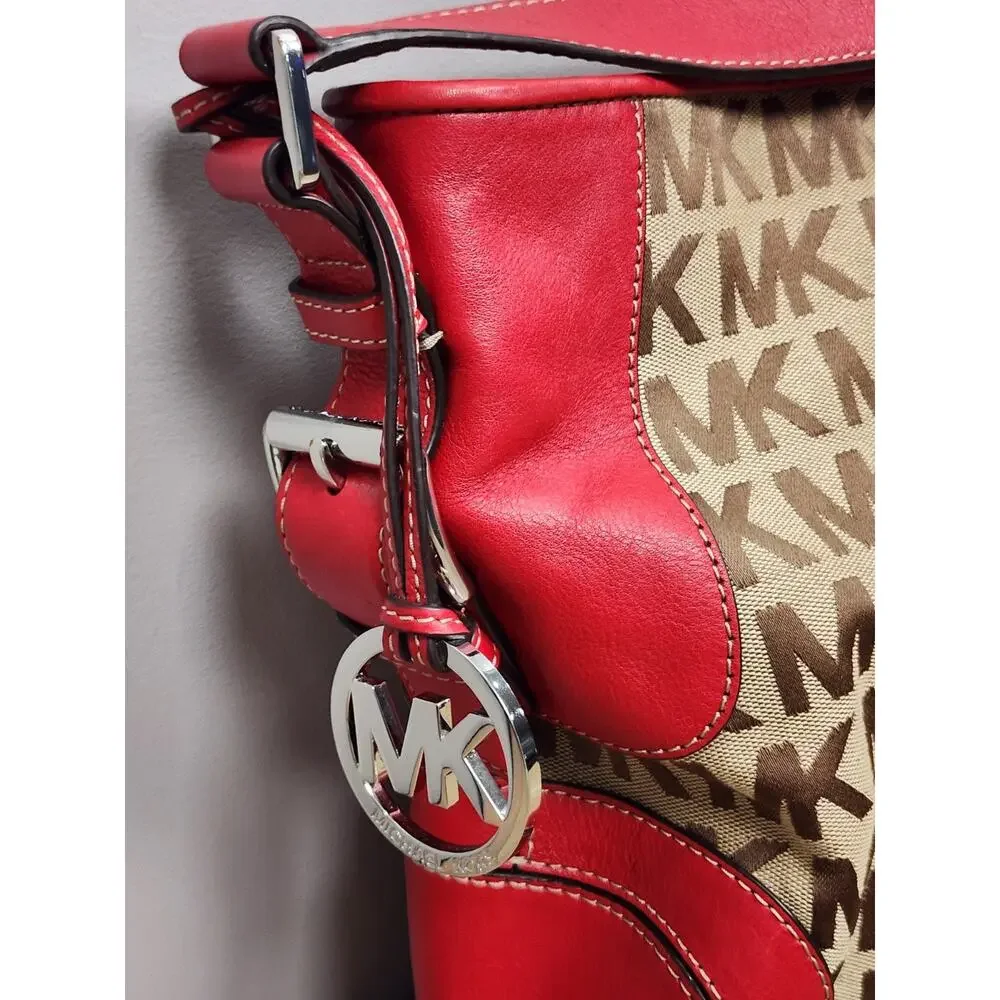 Preowned Michael Kors Brookville Burgundy And Beige Large Shoulder Bag Purse